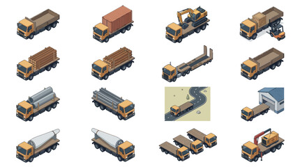 Clean Isometric of Various Construction and Transport Trucks with Cargo with high quality professional line art symbols for modern creative design and digital branding projects © Bambang