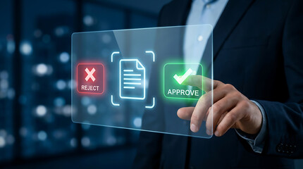 Obraz premium Businessman interacting with a holographic interface to approve or reject digital documents. This represents workflow automation and corporate decision making.