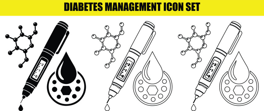Diabetes management icon set: insulin pen, blood drop, glucose molecule symbol for healthcare design.