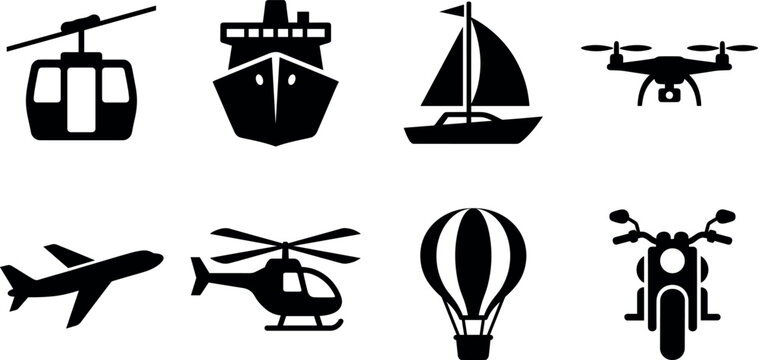 Transport and aviation solid silhouette vector icon set with drone helicopter balloon ship and motorcycle isolated