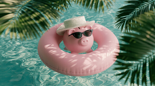 Cute pink piggy bank wearing sunglasses and a straw hat floating in an inflatable pool ring. Saving money for summer vacation, travel budget, and retirement fund concept