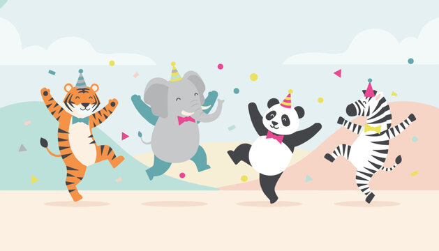 Cheerful cartoon wild animals including tiger, elephant, panda, and zebra celebrating and dancing at a party.