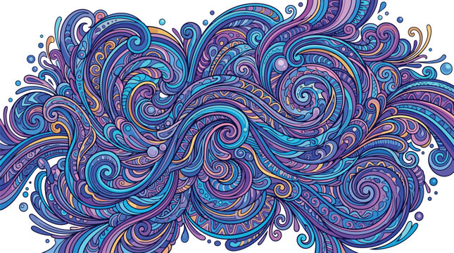 Intricate Artistic Blue and Purple Wave Ornaments with Psychedelic Swirl Patterns for Modern Graphic Design