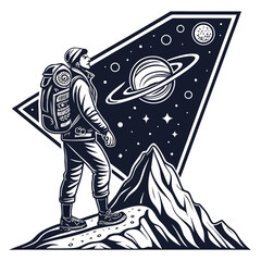 A hiker with a backpack standing on a mountain peak looking at the planet saturn and a starry night sky in a monochrome © MST RAMIJA