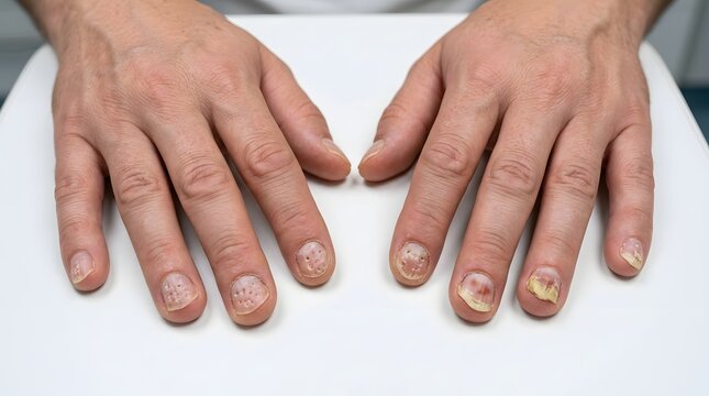 Close up view of hands with fingernails showing signs of severe psoriasis and pitting pits.