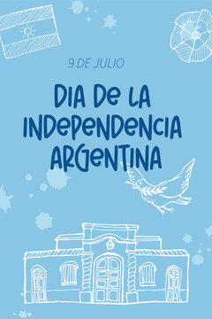 Flyer 9 de Julio D&iacute;a de la Independencia Argentina con casita de Tucum&aacute;n, paloma y escarapela