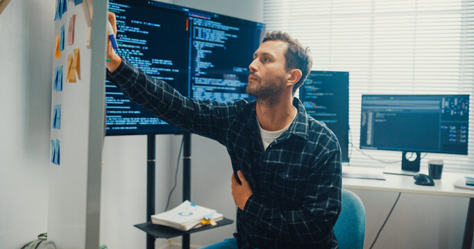 Young Caucasian male programmer write creative plan on whiteboard and coding on computer in home office workspace. AI technology, cybersecurity network, agile strategy, business innovation concept.