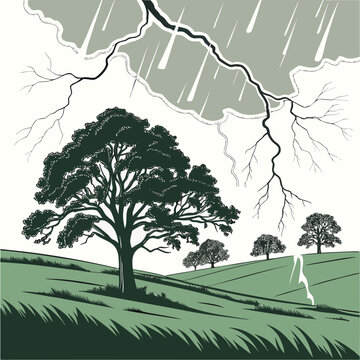 A green and grey of a rolling grassy landscape with trees and a dramatic lightning storm striking from the cloudy sky