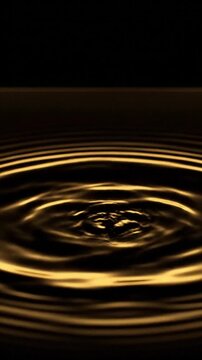 Golden drop hitting calm black liquid surface, abstract zen meditation background, glowing symmetrical ripples