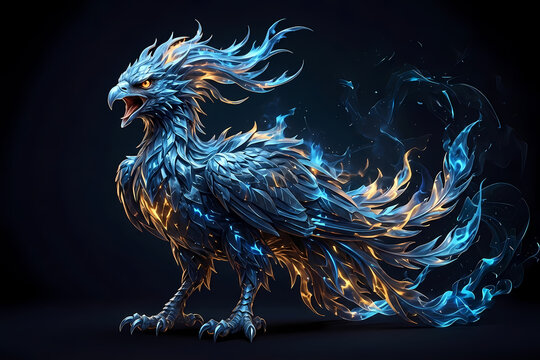 Futuristic electric blue phoenix rising, powerful mythical creature digital illustration