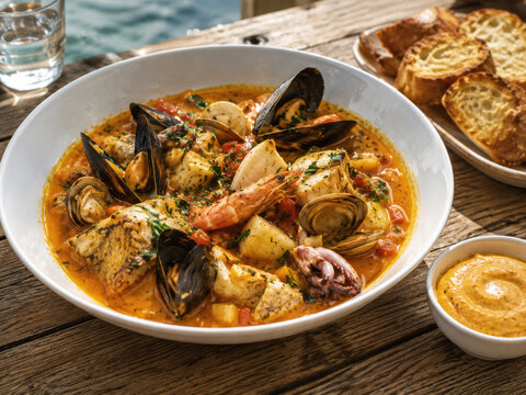 Bouillabaisse tradicional con pescado, gambas, mejillones, almejas y patatas en un arom&aacute;tico caldo provenzal.