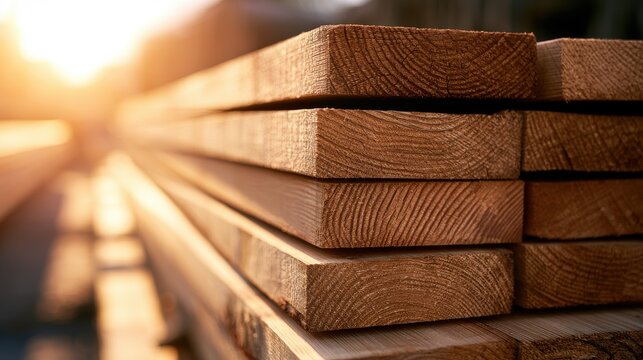 Stack of new lumber boards in soft sunset lighting