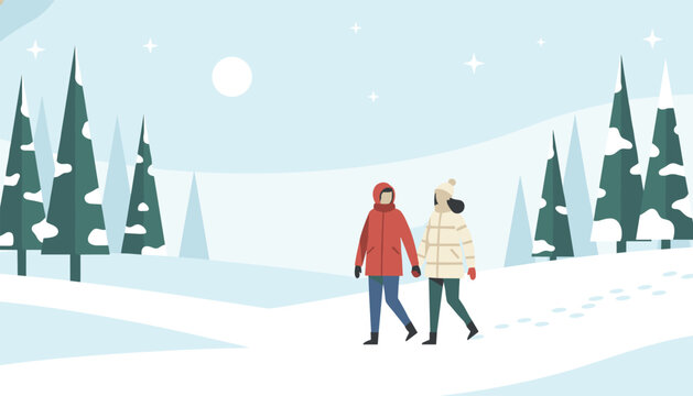 Romantic couple walking hand in hand through a peaceful snow covered pine forest on a chilly winter evening.