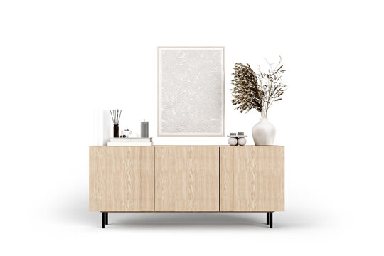 Modern wooden sideboard cabinet with blank poster frame mockup isolated on white background.