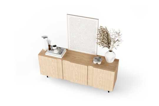 High angle view of modern wooden sideboard with blank frame mockup isolated on white