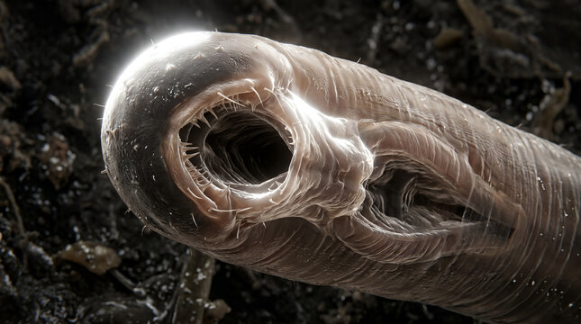 Hookworm parasite with sharp microscopic teeth for biological attachment in organic soil environment