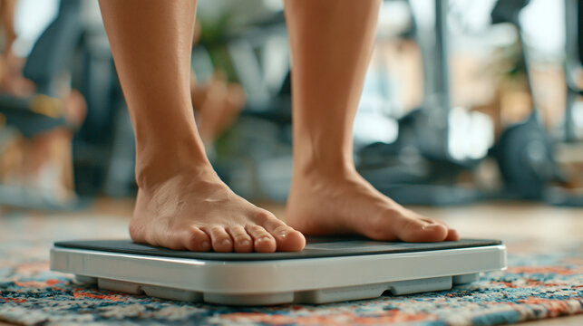 bare feet standing on modern digital bathroom scale for weight management healthy lifestyle and fitness progress tracking