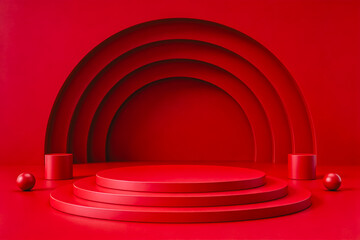 Naklejka premium A minimalist 3D rendered monochromatic red scene with concentric arch backdrop, tiered round pedestals, and small sphere and cylinder elements, designed for product showcase.