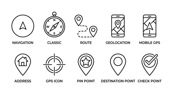 Navigation and GPS geolocation vector line icon set. Classic compass route map pin and mobile smartphone symbols. Concept for travel UI UX web design and location tracking application.