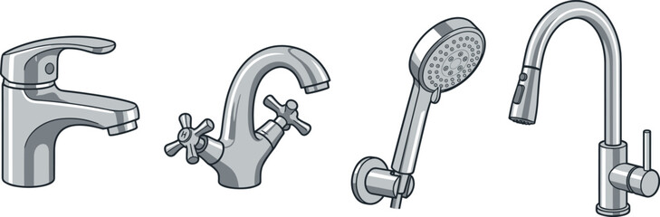 Stainless steel water tap icons bundle with glossy silver metallic faucets and handheld shower sprayer isolated on white background for interior design © MDSHAHINALAM