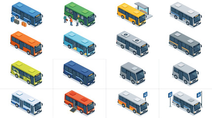 Dynamic Collection of Isometric Illustrations Showing Diverse City Buses in Various Colors and Designs © Bear