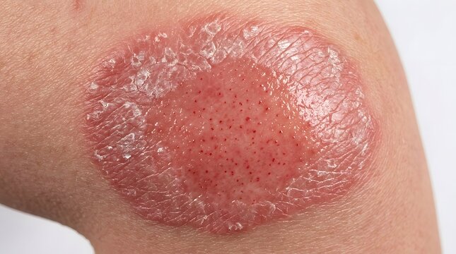 Psoriasis plaque on skin closeup, red, flaky, and irritated skin surface, dermatology condition.