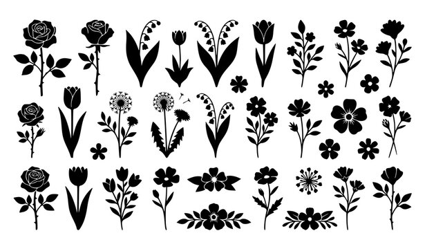 Flower and Botanical Plant Silhouette Set with Black Rose Tulip Lily of the Valley Dandelion Daisy and Leaf Icons for Floral Wedding Graphic Designs