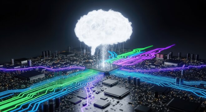 A glowing white cloud floats above a complex electronic circuit board with glowing light trails representing data transmission and storage, web, database, information