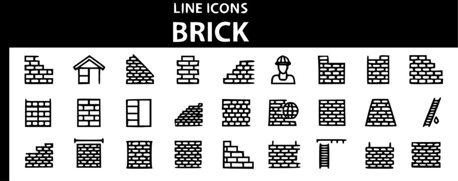 Comprehensive construction brickwork line icon set featuring various masonry patterns, half-built walls, a bricklayer builder character, and basic tiling layouts.