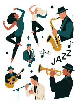 Energetic jazz musicians and dancers performing with instruments and singing in a lively ensemble