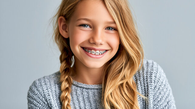 Close-up portrait of a smiling child with braces, pediatric orthodontics, dental confidence, smile transformation, with copy space