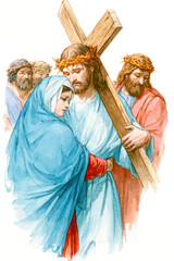 Obraz premium Jesus carrying a cross as Mary supports him wearing a blue veil. Three men with crowns of thorns are behind them