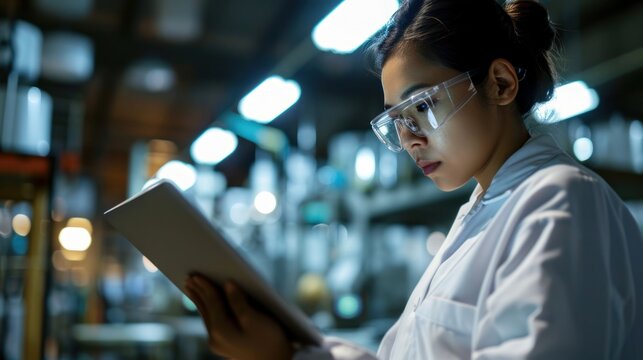 Woman factory worker wearing glasses and white robe at polymer plastic manufacturing, using tablet for quality control and logistic purposes, checking machines and mechanisms