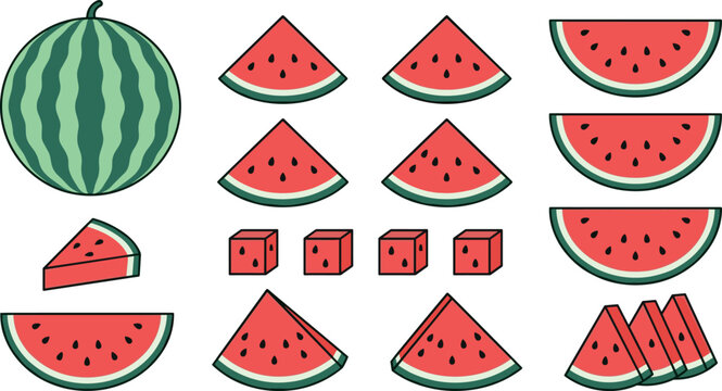 Red watermelon icons bundle with fresh whole sweet melons cut pieces wedges and black seeds isolated on white backdrop for packaging