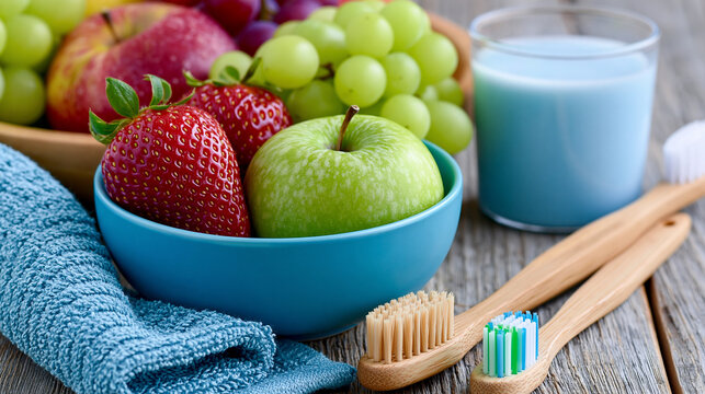 Healthy smile lifestyle concept featuring fresh fruit and dental care items, nutrition and oral health, with copy space