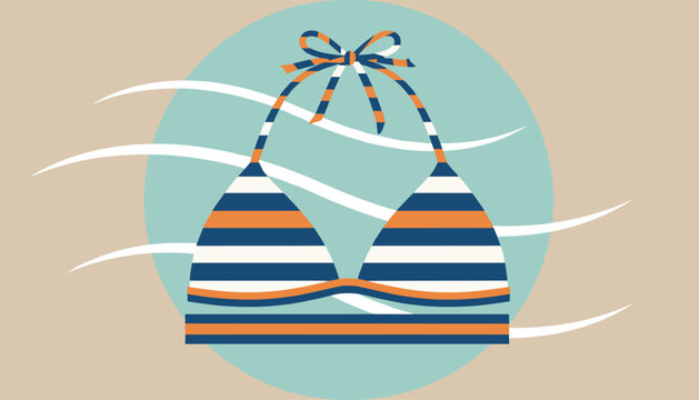 Colorful striped bikini top with orange and blue stripes blowing in the summer wind on a circular teal background.