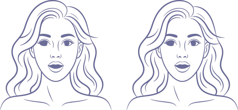 Surprised woman face line art. Female portrait showing shock or amazement expression.