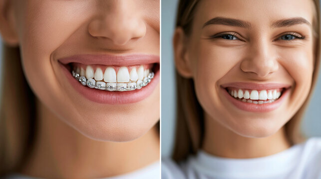 Before-and-after concept of teeth alignment correction, orthodontic transformation, smile improvement, with copy space