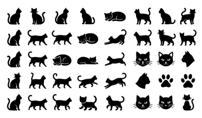 Cat Silhouette Vector Set with Domestic Kitten Figures Sitting Walking Running Sleeping Paws and Black Cat Face Icons for Pet Shop and Animal Lover Designs © MdWajed