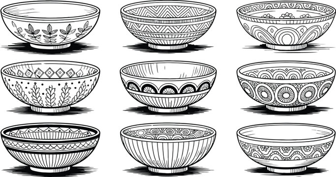 Set of decorative bowls with patterns. Hand drawn kitchen dishware collection.