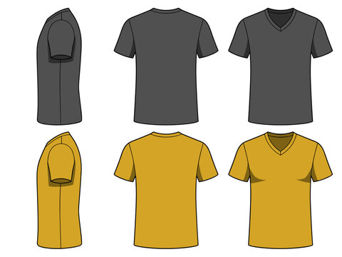 Vector set template of male v-neck t-shirts in grey and yellow colors with transparent background