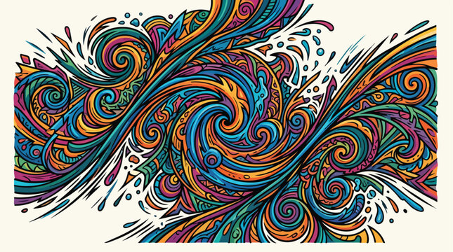 Vibrant Multicolored Swirling Wave Illustration with Detailed Tribal Patterns and Artistic Fluid Motion Design