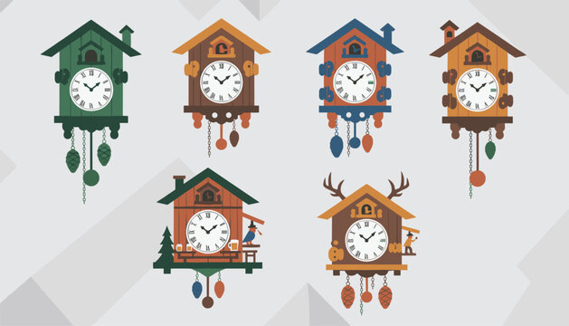 Collection of six traditional and colorful wooden cuckoo clocks with hanging pendulums on a light grey background.