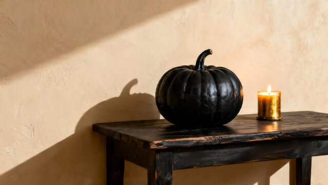 Elegant matte black pumpkin and glowing candle on wooden table