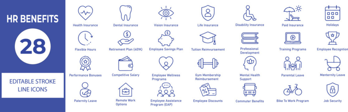 HR Benefits Vector Outline Icons Set &ndash; Human Resources, Employee Benefits, Workplace Perks and Corporate Line Symbols Collection