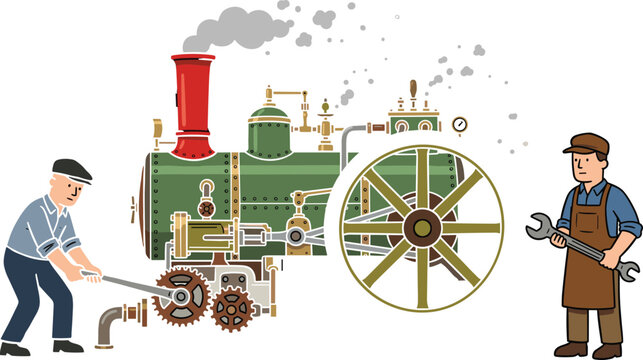 Vintage steam traction engine vector illustration with mechanics repairing and maintaining agricultural locomotive machinery on white background
