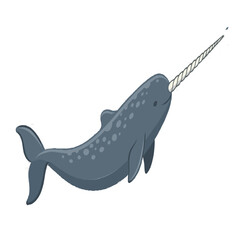 Illustration of narwhal showing long spiraled tusk swimming in deep water. © mofazzul