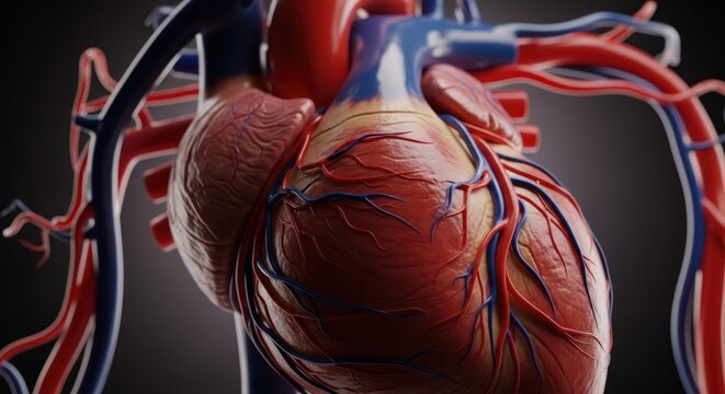 Human heart anatomy illustration with blood vessels showing cardiovascular system, healthcare concept.