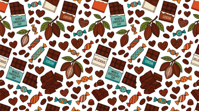 Detailed vector illustration featuring a seamless pattern of delicious chocolate bars cocoa pods candy pieces and sweet hearts created for a festive celebration of world chocolate day design project 