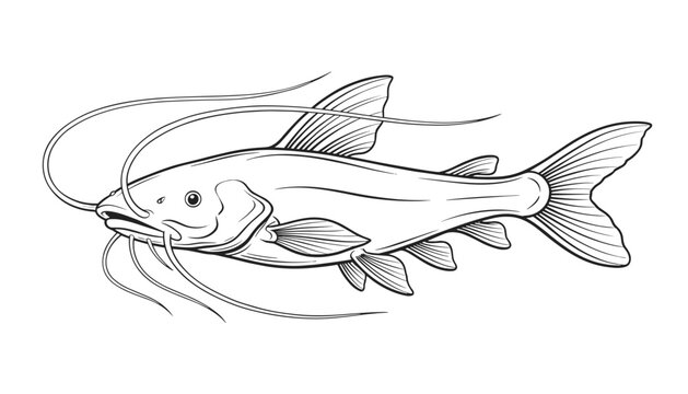 Detailed black and white line art illustration of a freshwater catfish with long whiskers, isolated on a white background.